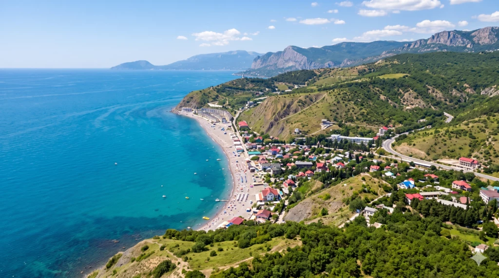 панорамный вид на посёлок Рыбачье и Чёрное море с высоты птичьего полёта